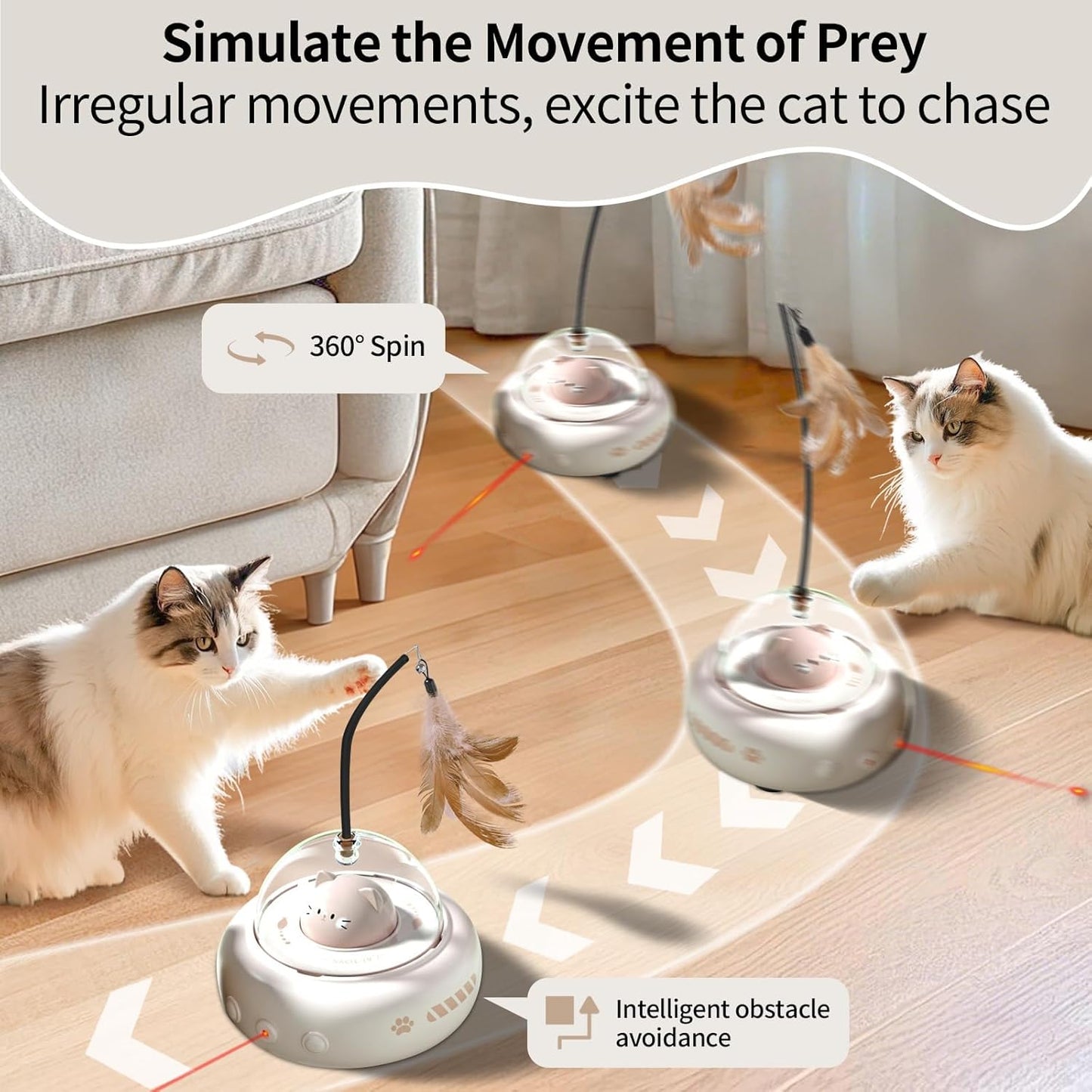 Smart Interactive Cat Toy – Automatic Cat Laser Toy & Feather Wand for Indoor Cats and Kittens | Self-Moving Cat Toy with Obstacle Avoidance, Perfect for Bored Cats, Fun Interactive Play