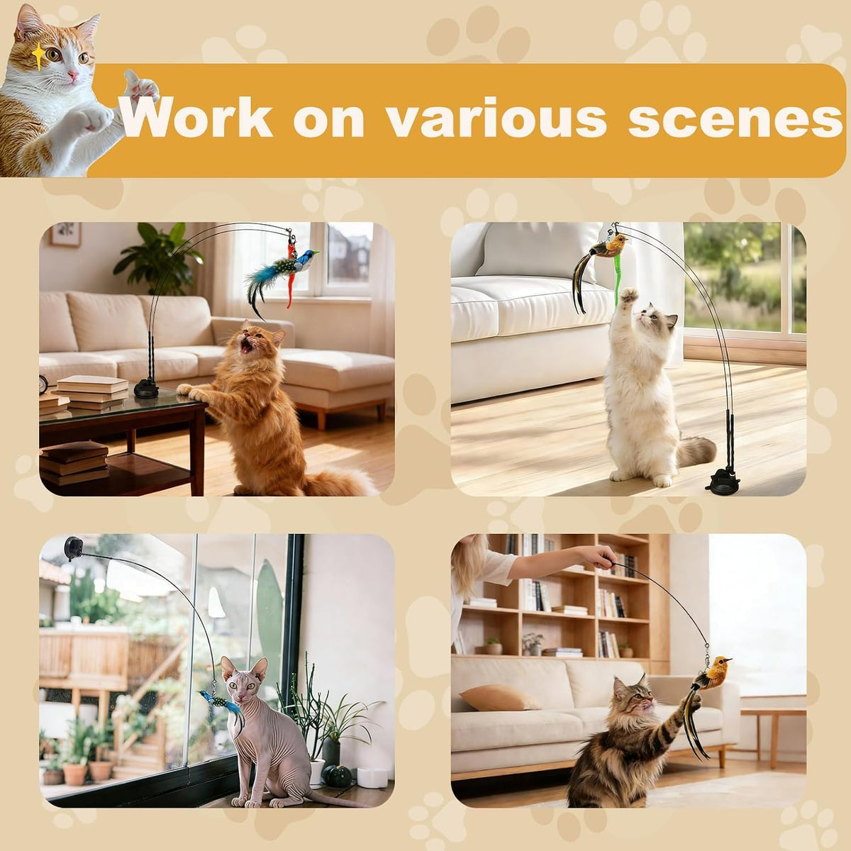 Interactive Cat Wand Toy Set, 9-Piece Feather Teaser with Suction Cup