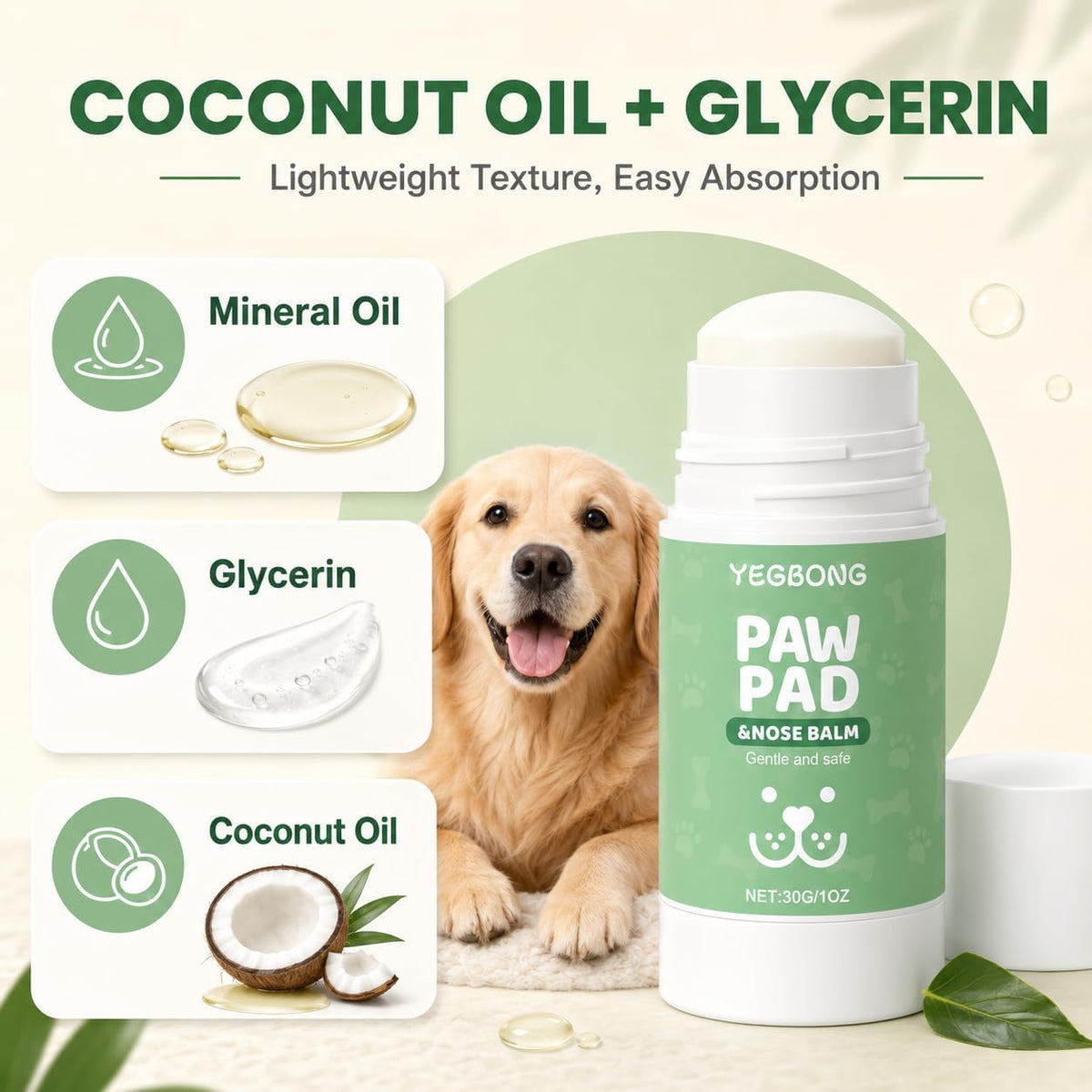 Dog Paw Balm Stick for Dry Paws & Nose, Moisturizing Paw Care with Coconut Oil and Glycerin, No-Scoop Twist-Up Applicator for Dogs, 30g / 1oz