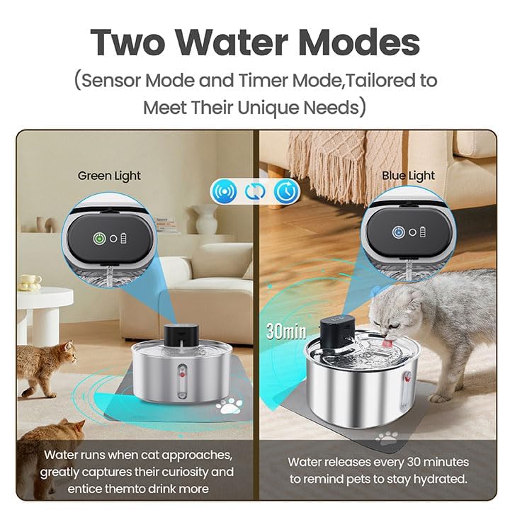 Pumpless Stainless Steel Cat Water Fountain 3.2L/108oz – Wireless Indoor Automatic Cat Drinking Fountain, Cordless Pet Water Fountain for Cats, Battery-Operated with Motion Sensor, Ultra Quiet
