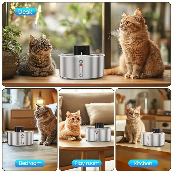 Pumpless Stainless Steel Cat Water Fountain 3.2L/108oz – Wireless Indoor Automatic Cat Drinking Fountain, Cordless Pet Water Fountain for Cats, Battery-Operated with Motion Sensor, Ultra Quiet