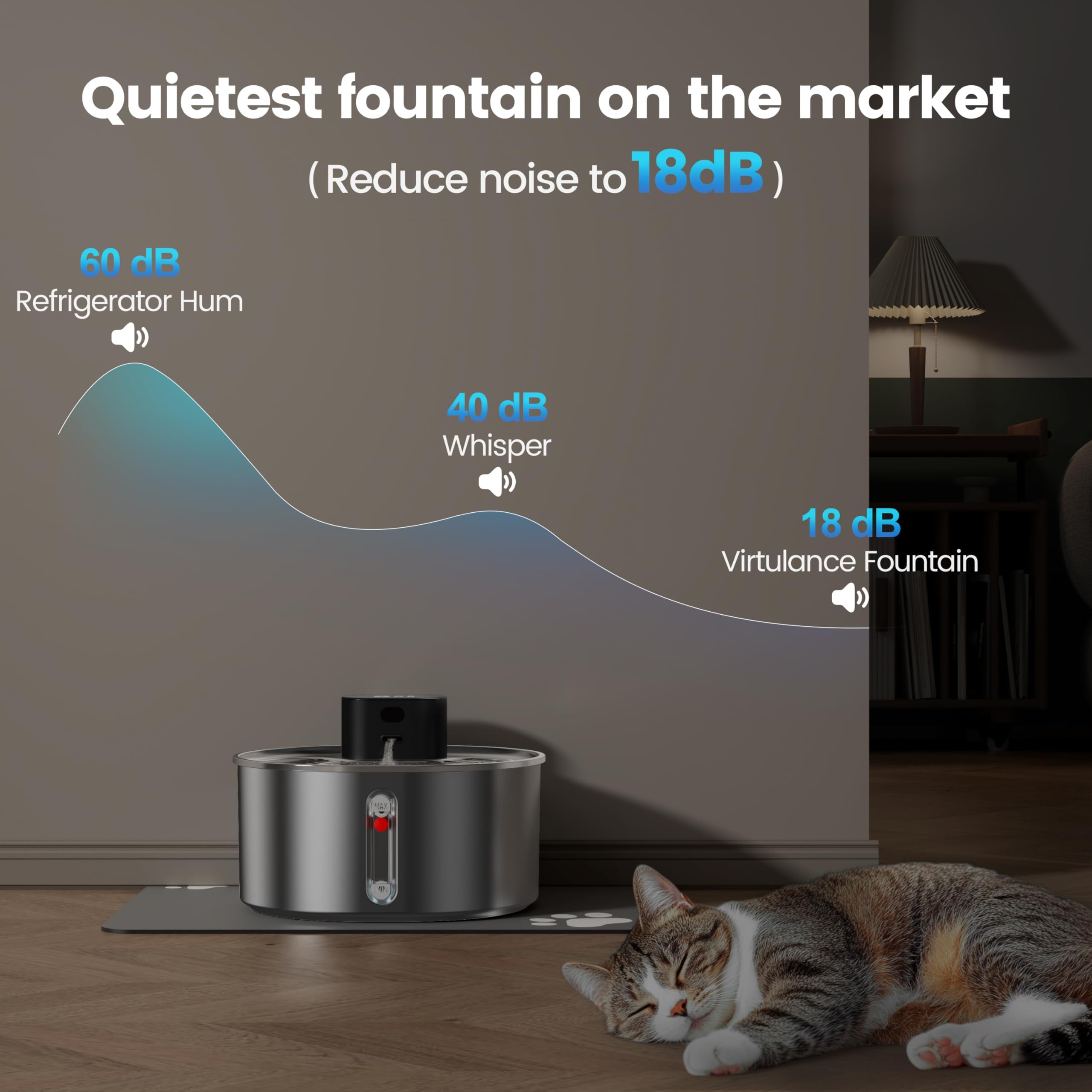 Pumpless Stainless Steel Cat Water Fountain 3.2L/108oz – Wireless Indoor Automatic Cat Drinking Fountain, Cordless Pet Water Fountain for Cats, Battery-Operated with Motion Sensor, Ultra Quiet