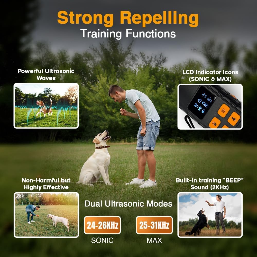 Dog Barking Deterrent Devices, Anti Barking Device for Dogs - Ultrasonic Bark Control with Monitor Display, USB Rechargeable No Shock Bark Guard for Training, Handheld Indoor Outdoor Wrist Strap