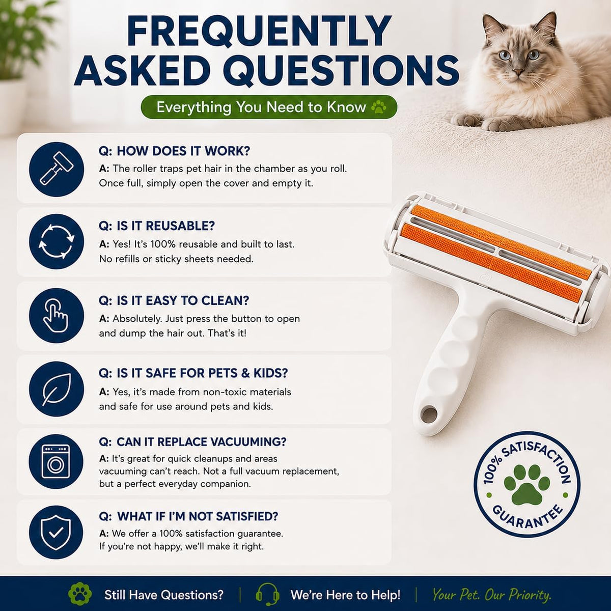 Reusable Pet Hair Remover Roller for Cat & Dog Hair, White, Easy Cleanup