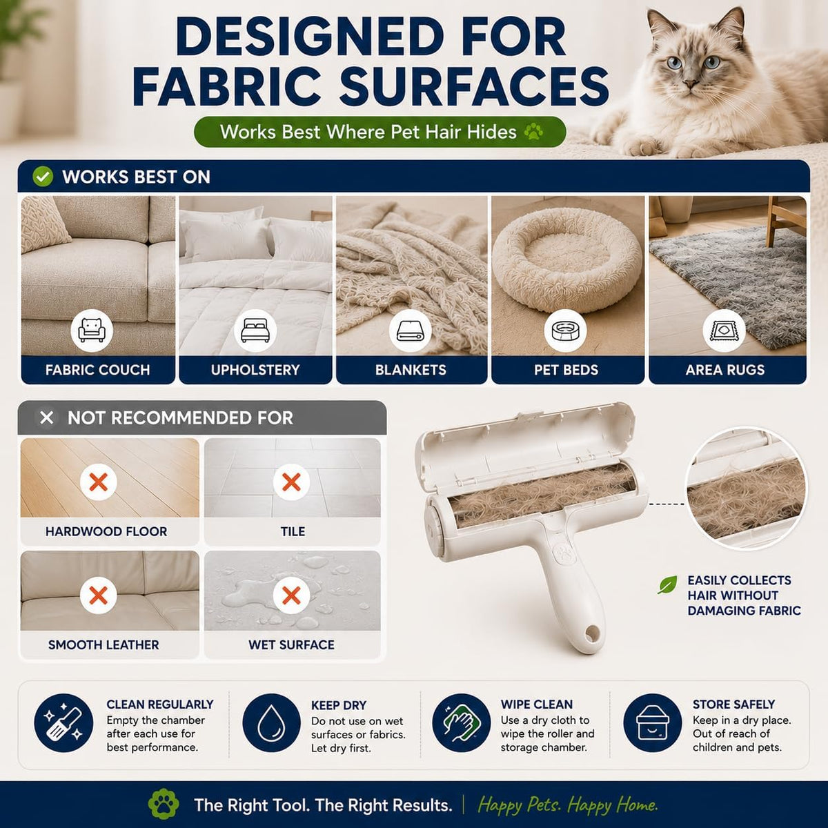 Reusable Pet Hair Remover Roller for Cat & Dog Hair, White, Easy Cleanup