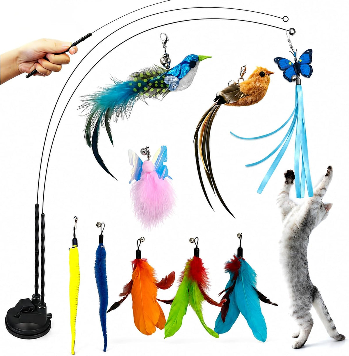 Interactive Cat Wand Toy Set, 9-Piece Feather Teaser with Suction Cup