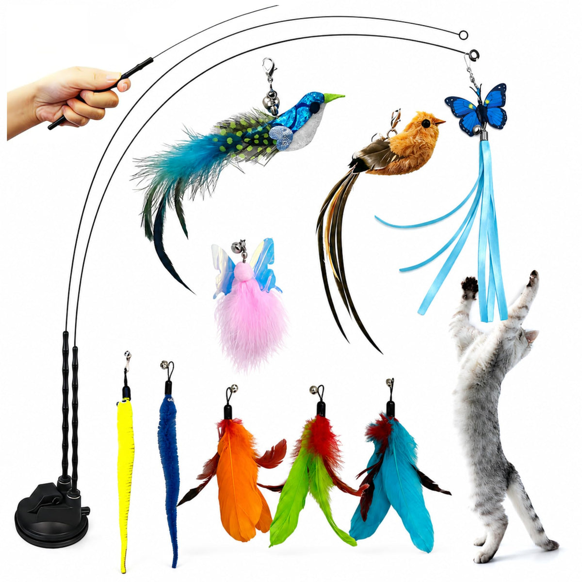 Interactive Cat Wand Toy Set, 9-Piece Feather Teaser with Suction Cup