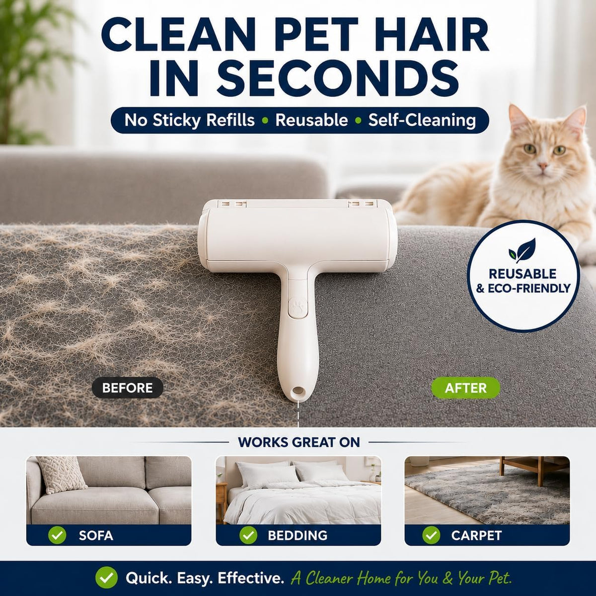 Reusable Pet Hair Remover Roller for Cat & Dog Hair, White, Easy Cleanup