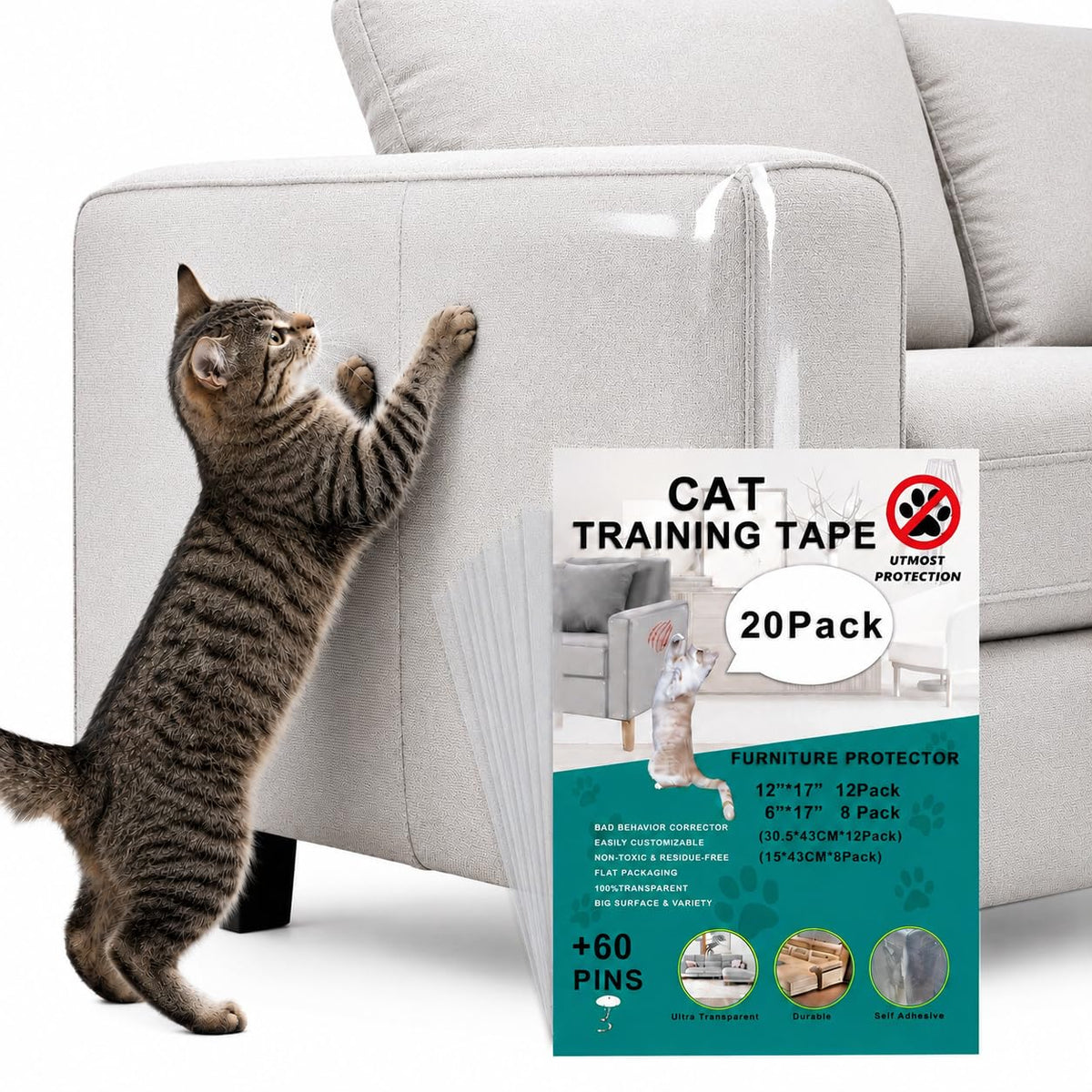 Clear Cat Scratch Couch Protector Roll, 11.8" × 118", Self-Adhesive