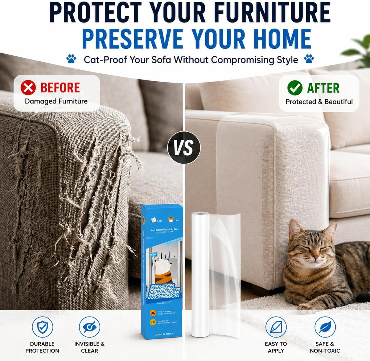 Clear Cat Scratch Couch Protector Roll, 11.8" × 118", Self-Adhesive