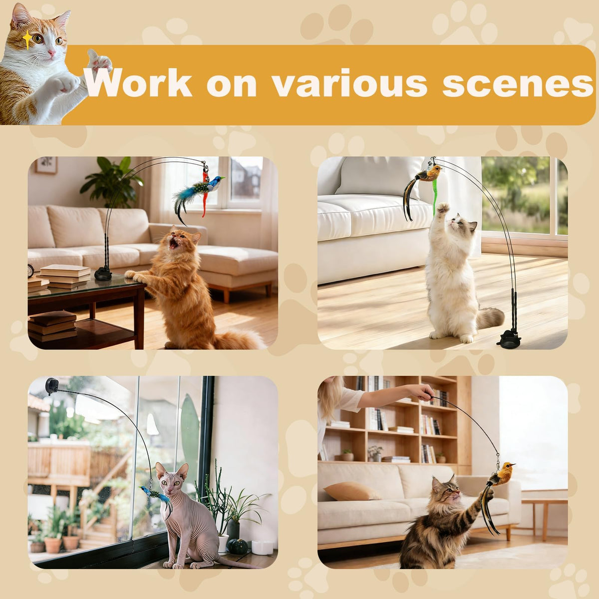 Interactive Cat Wand Toy Set, 9-Piece Feather Teaser with Suction Cup