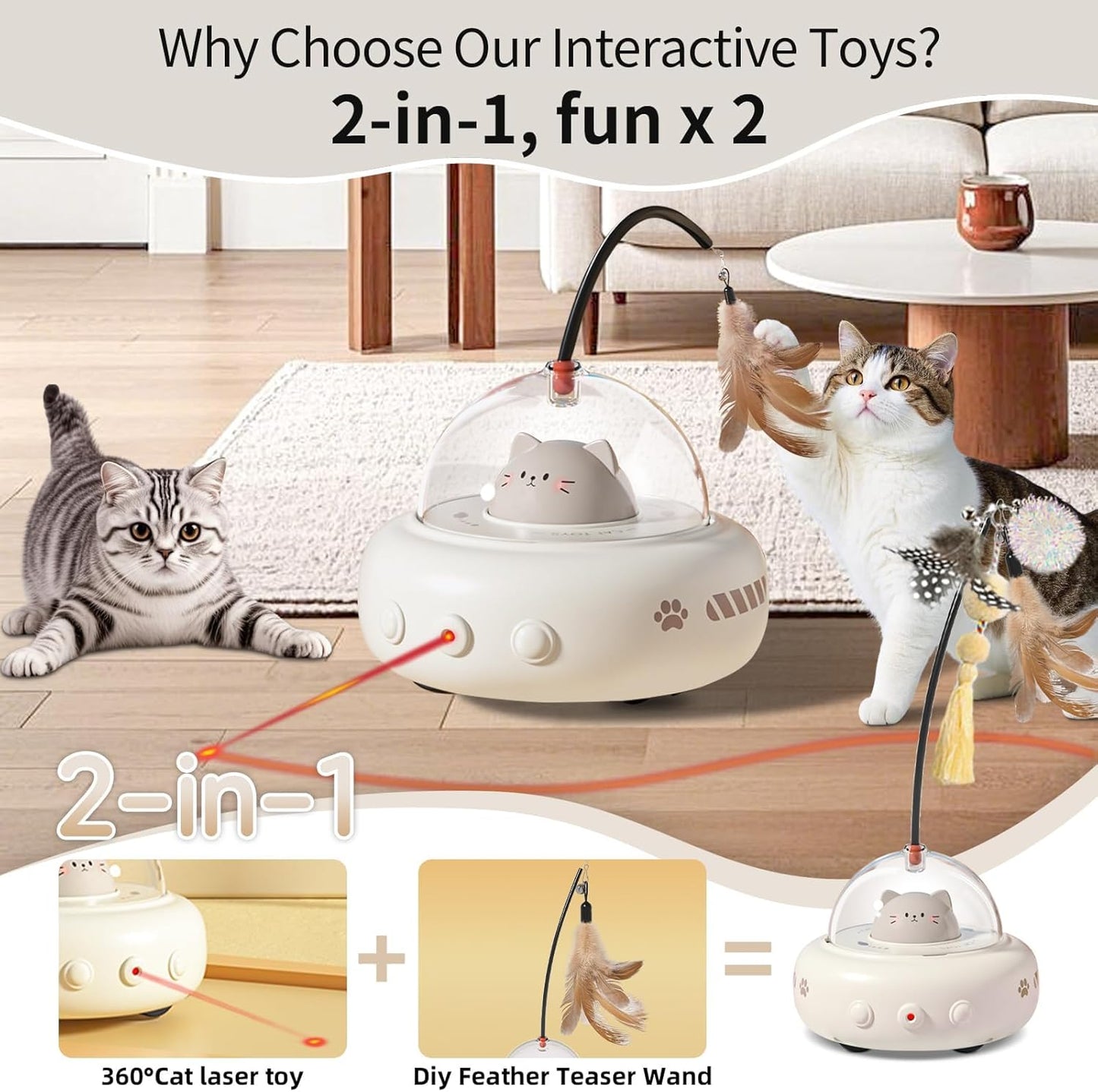 Smart Interactive Cat Toy – Automatic Cat Laser Toy & Feather Wand for Indoor Cats and Kittens | Self-Moving Cat Toy with Obstacle Avoidance, Perfect for Bored Cats, Fun Interactive Play