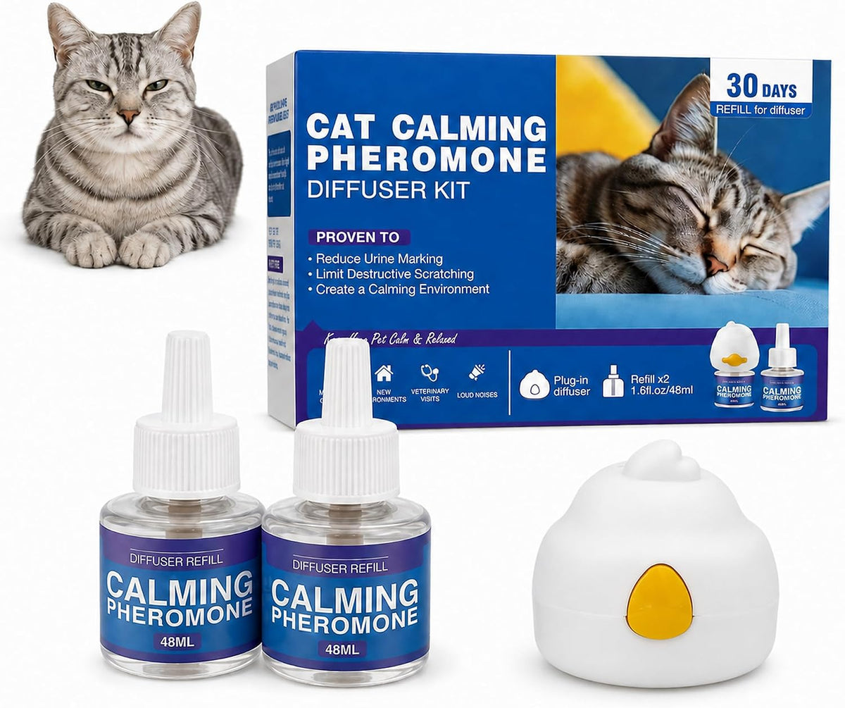 Cat Pheromone Diffuser Kit, Cat Calming Diffuser with 1 Plug-in Diffuser and 2 x 48ml Refills, 30-Day Pheromone Refills, Covers up to 700 sq ft, for Cats During Travel, Vet Visits