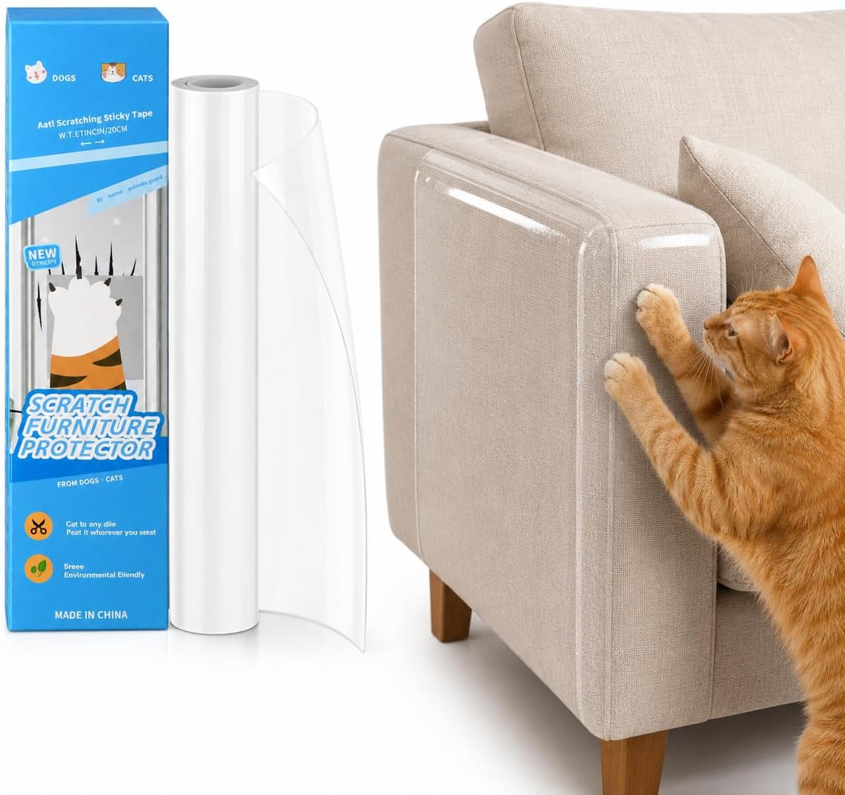 Clear Cat Scratch Couch Protector Roll, 11.8" × 118", Self-Adhesive