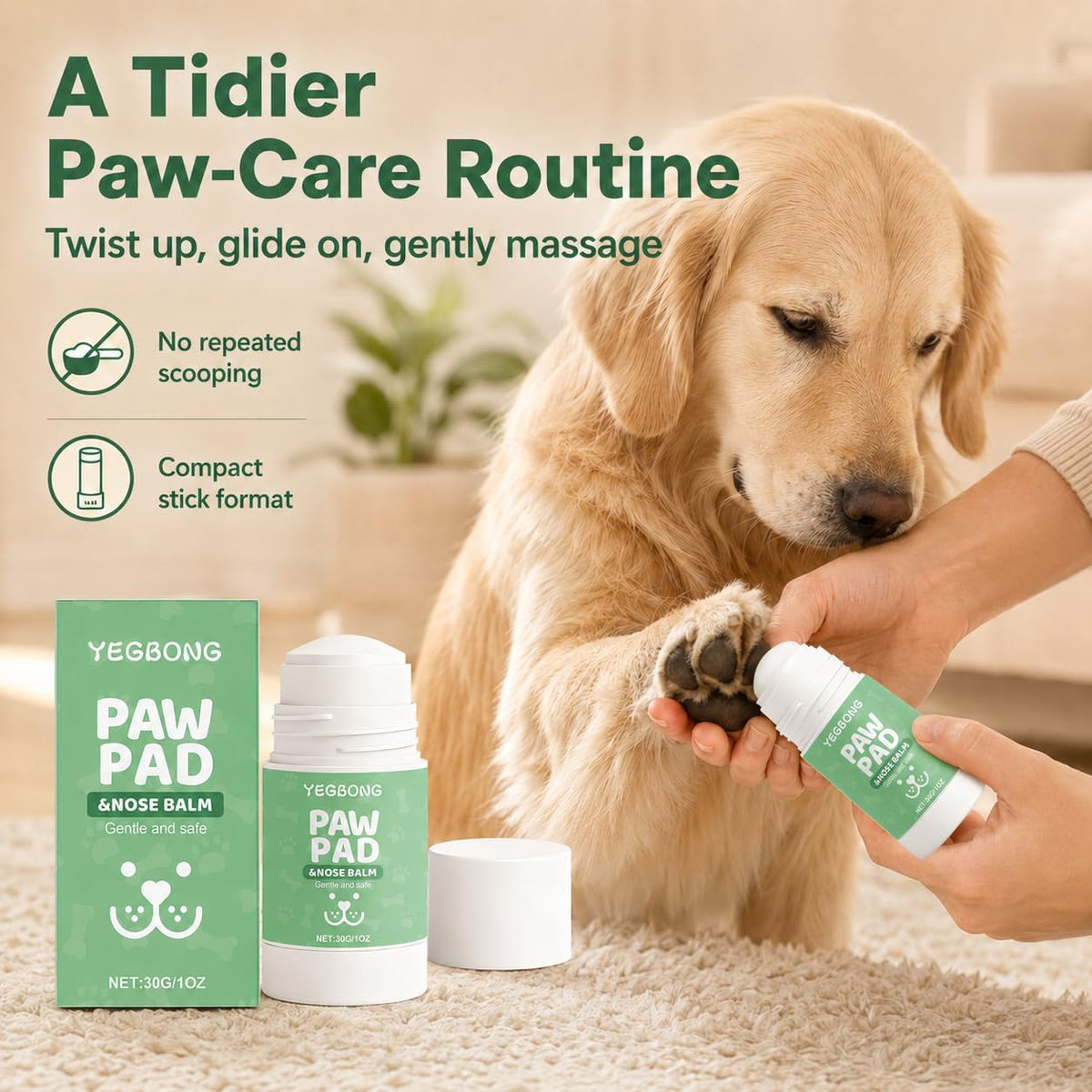 Dog Paw Balm Stick for Dry Paws & Nose, Moisturizing Paw Care with Coconut Oil and Glycerin, No-Scoop Twist-Up Applicator for Dogs, 30g / 1oz