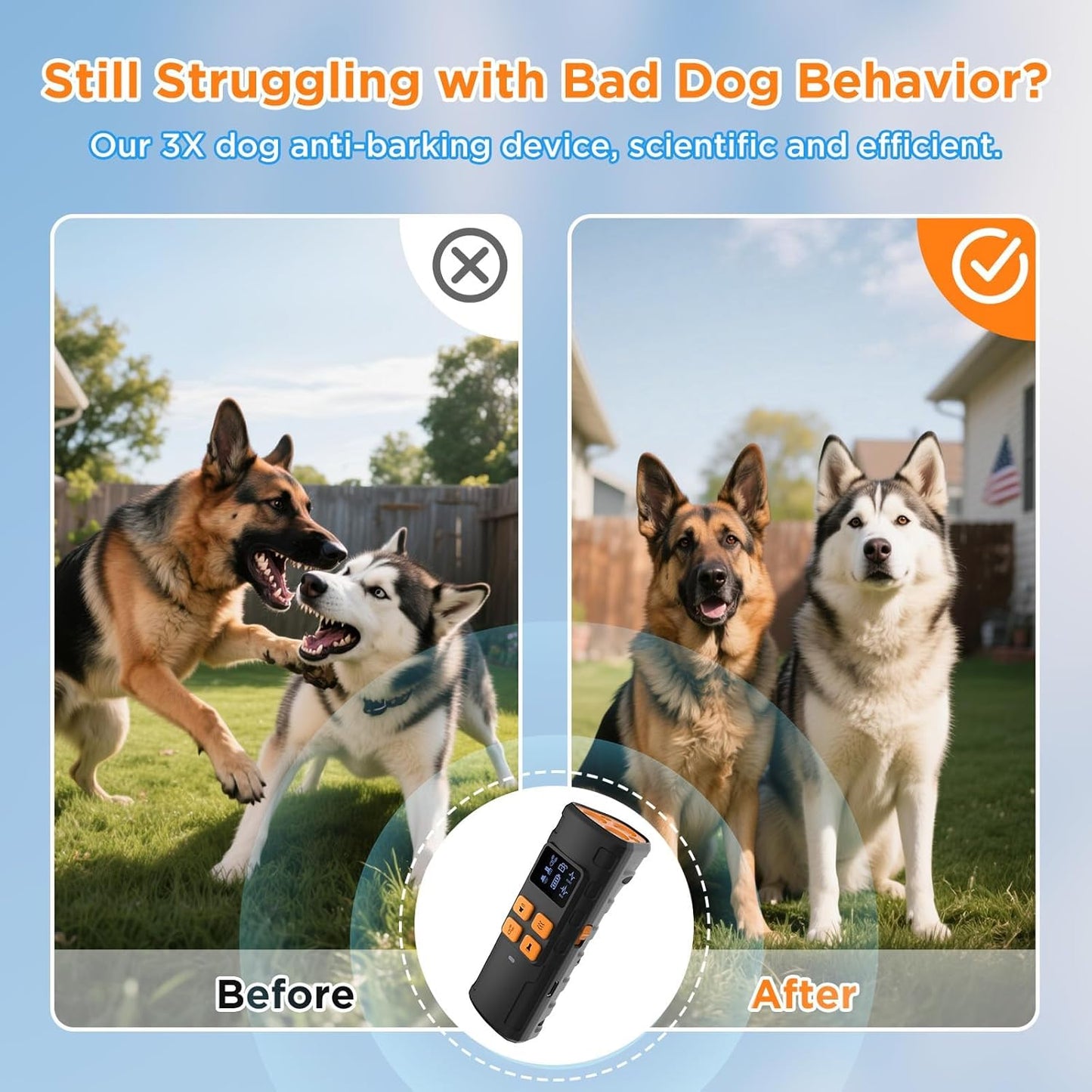 Dog Barking Deterrent Devices, Anti Barking Device for Dogs - Ultrasonic Bark Control with Monitor Display, USB Rechargeable No Shock Bark Guard for Training, Handheld Indoor Outdoor Wrist Strap