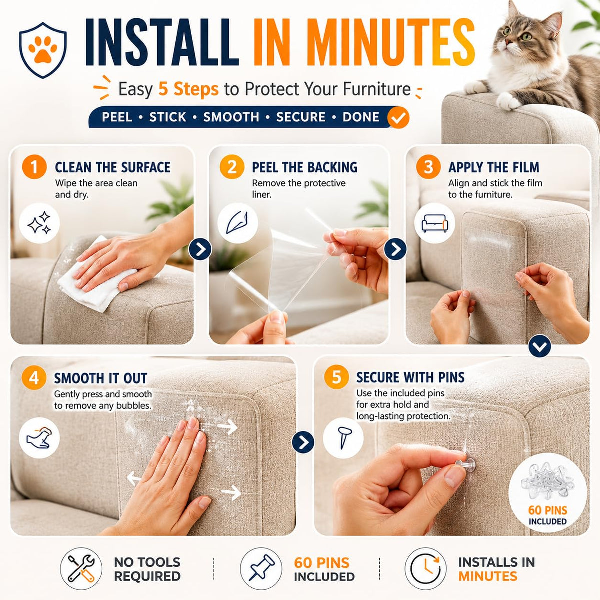 Clear Cat Scratch Couch Protector Roll, 11.8" × 118", Self-Adhesive