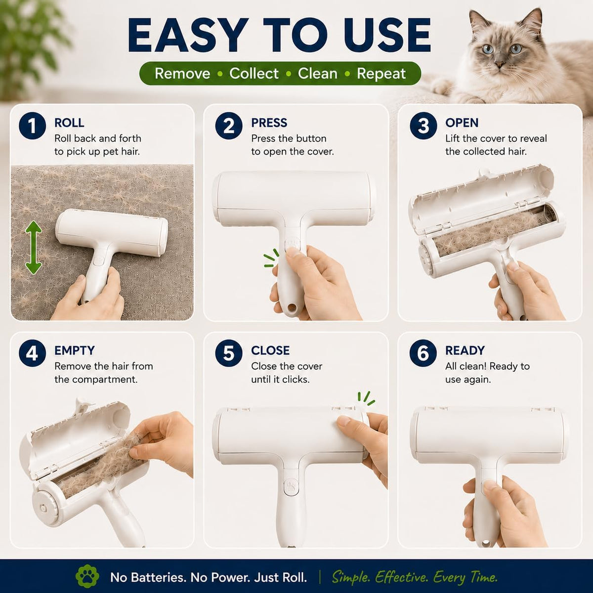 Reusable Pet Hair Remover Roller for Cat & Dog Hair, White, Easy Cleanup