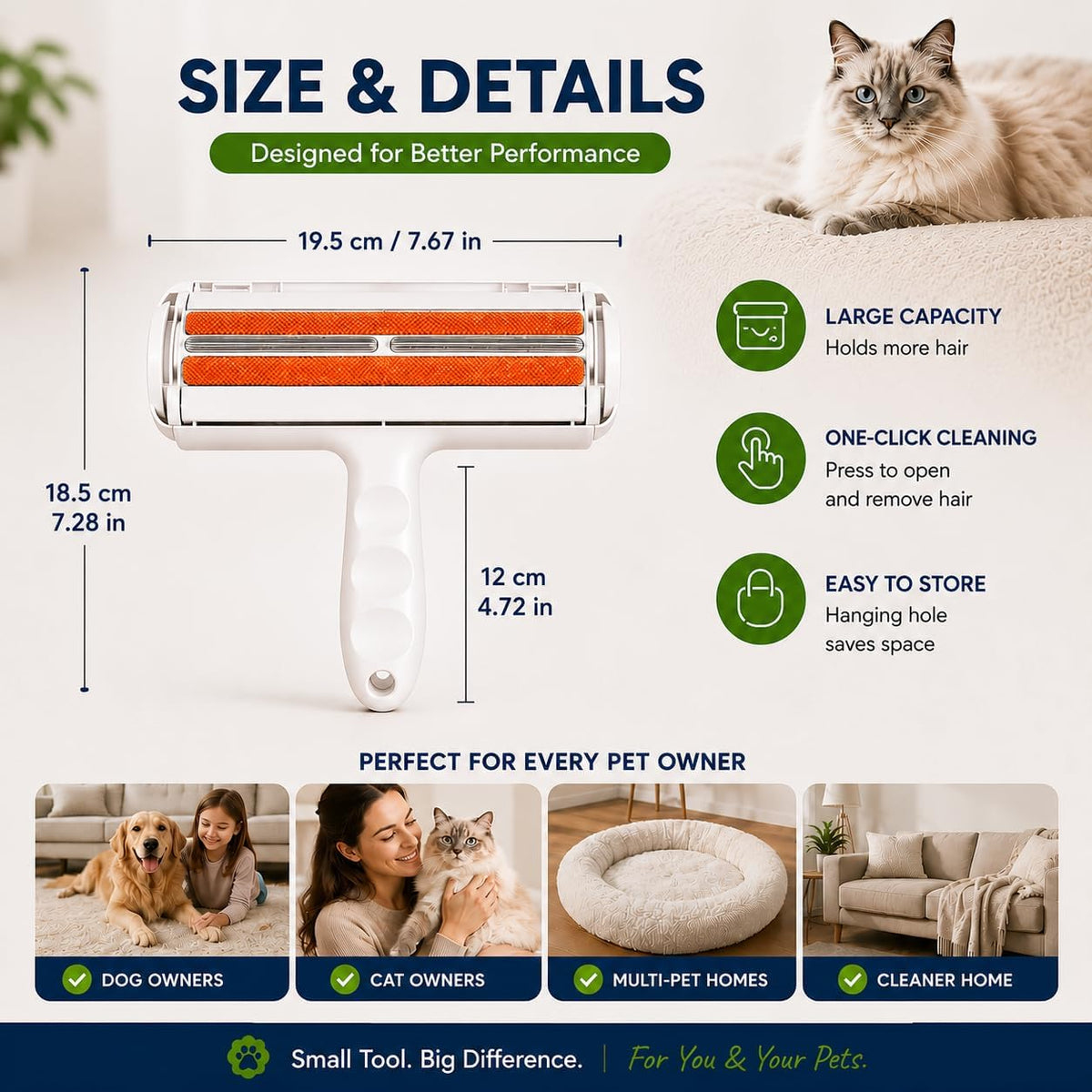 Reusable Pet Hair Remover Roller for Cat & Dog Hair, White, Easy Cleanup