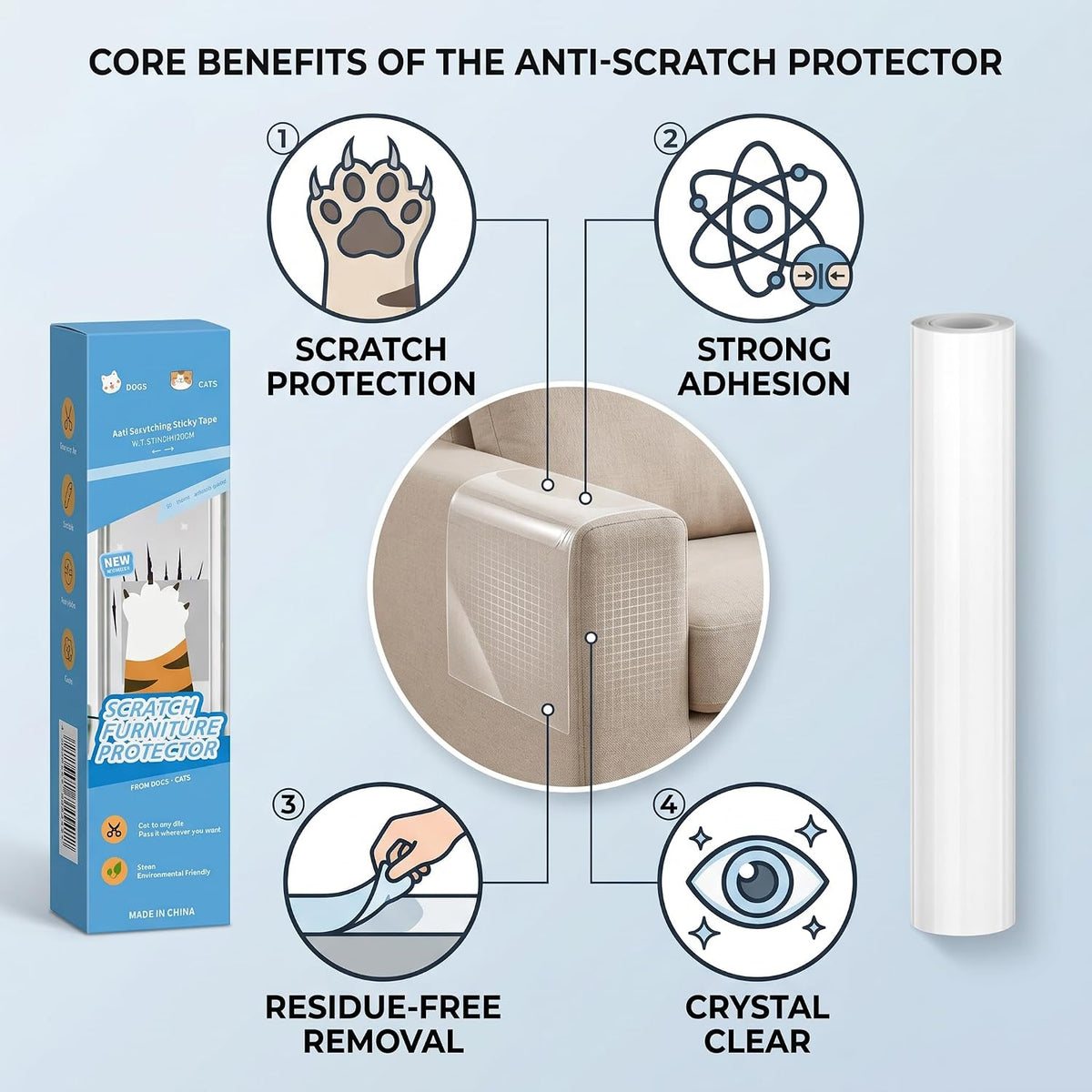 Clear Cat Scratch Couch Protector Roll, 11.8" × 118", Self-Adhesive