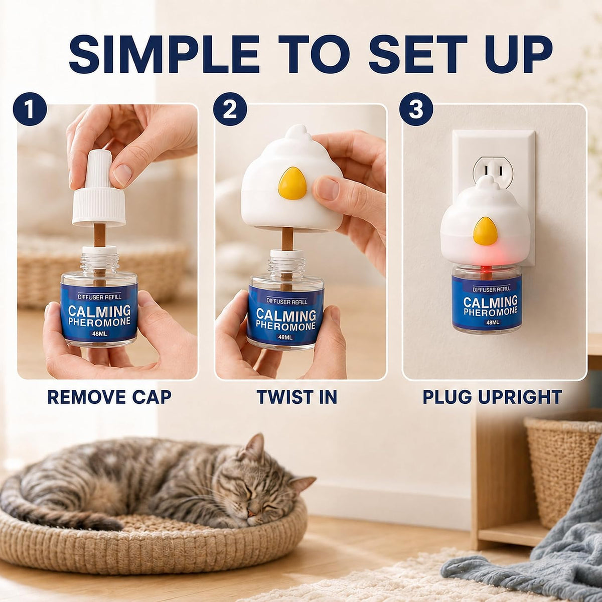 Cat Pheromone Diffuser Kit, Cat Calming Diffuser with 1 Plug-in Diffuser and 2 x 48ml Refills, 30-Day Pheromone Refills, Covers up to 700 sq ft, for Cats During Travel, Vet Visits